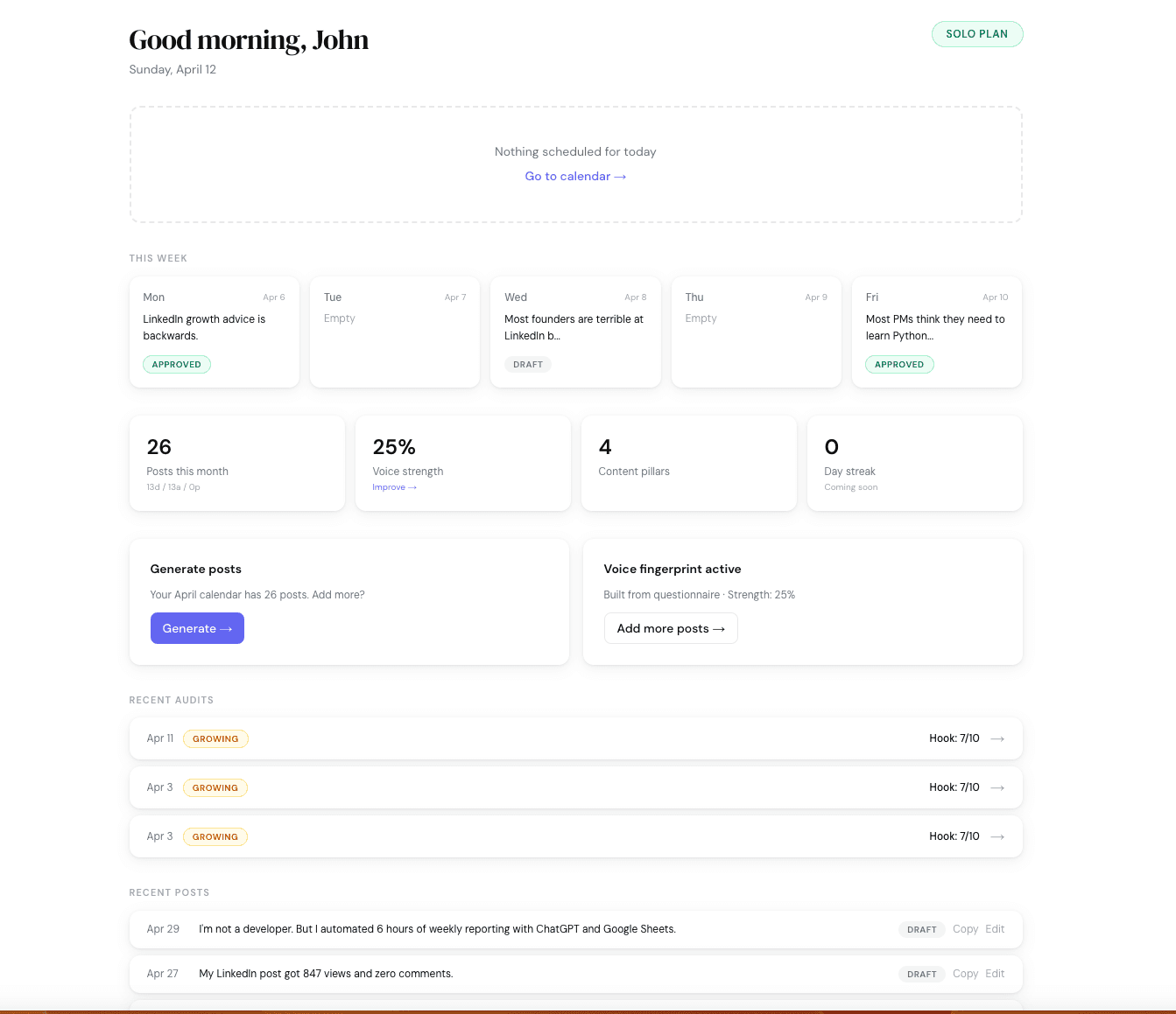 Pillar dashboard — content calendar with posts mapped to pillars